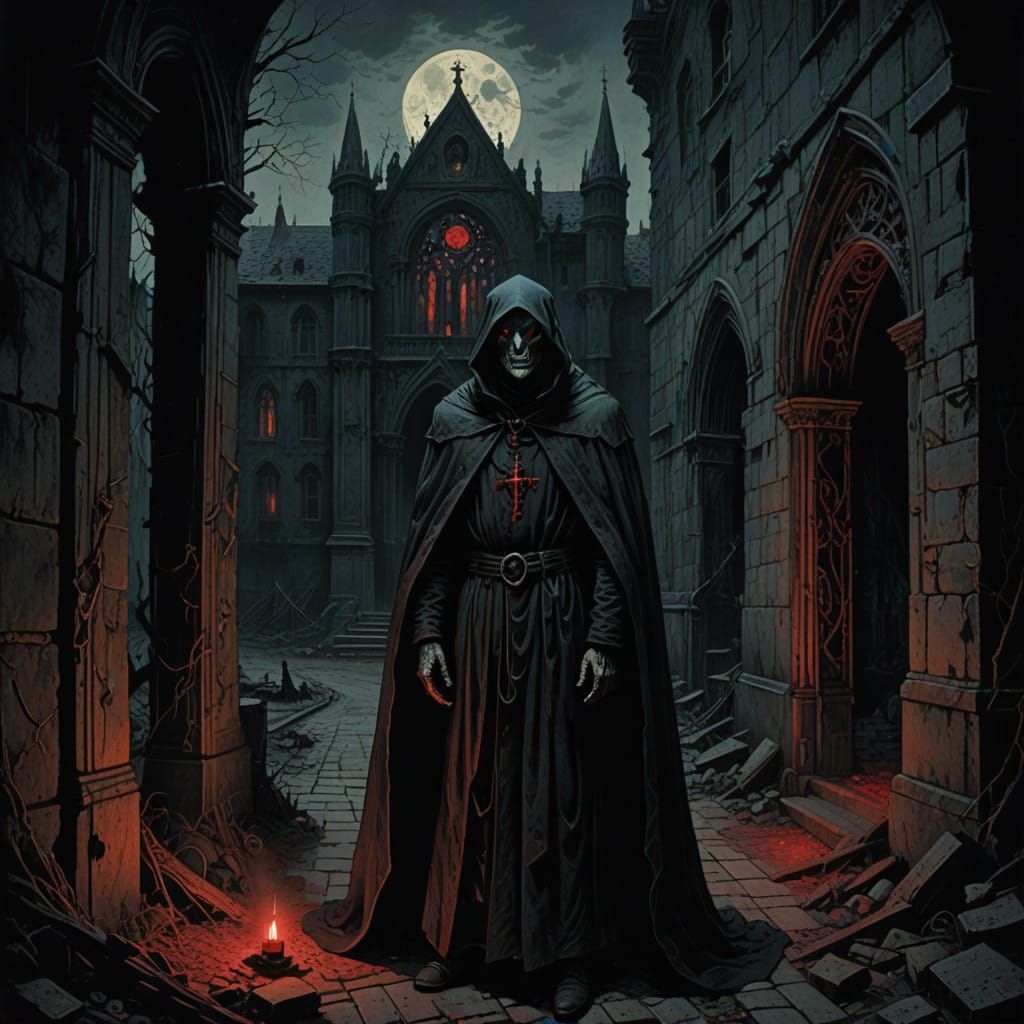 Gothic Horror Figure in Abandoned Castle at Twilight