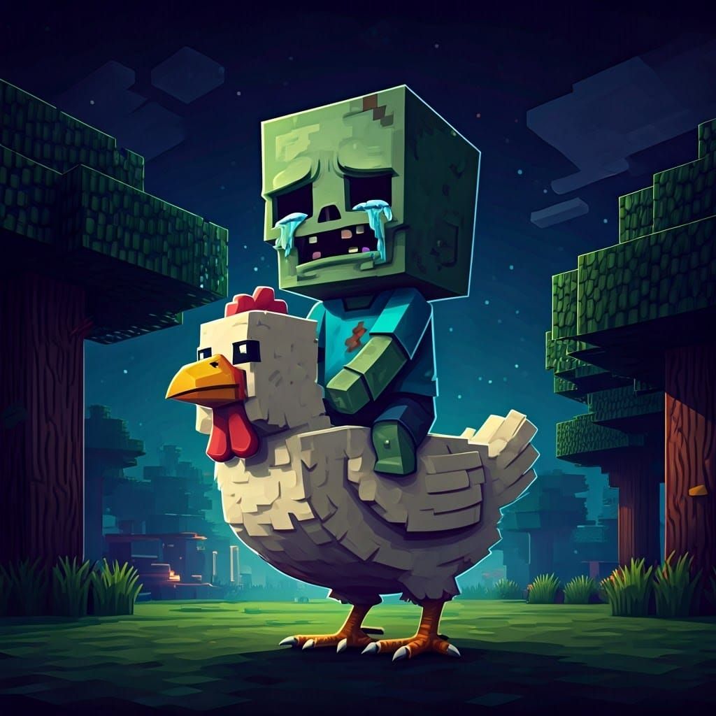 Blocky Zombie Baby Rides Pixel Chicken Under Starry Night Sk...