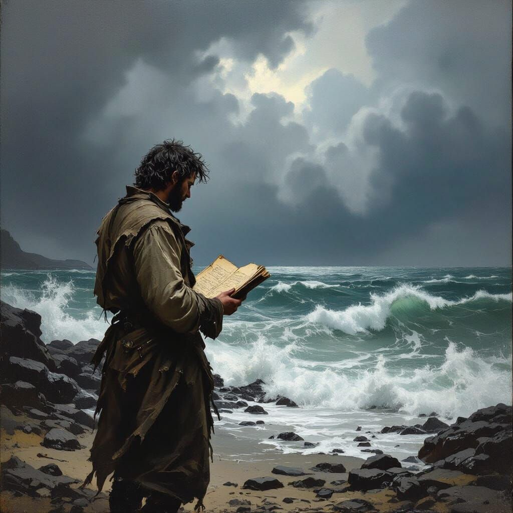 Survivor Gazes at Stormy Sea: Caravaggio Style