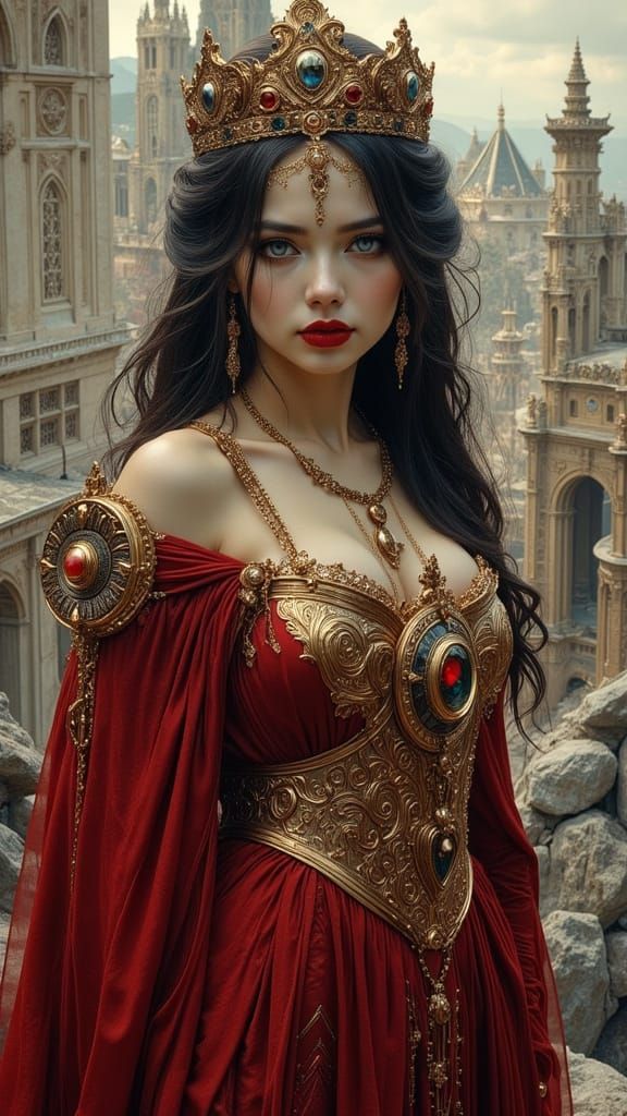 Devastated Queen in Destroyed City: Pre-Raphaelite Art