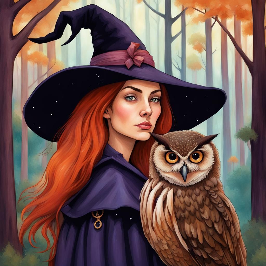 Beautiful Witch with Owl in Storybook Illustration
