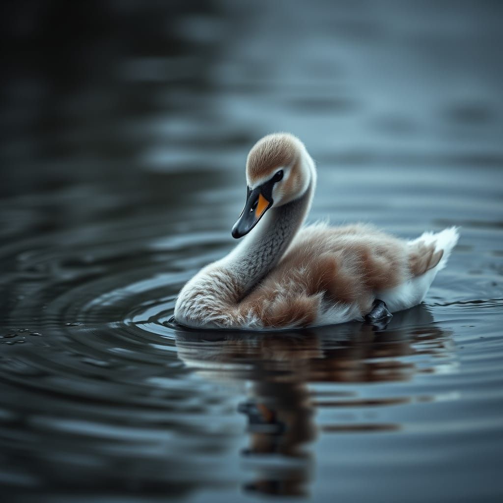 Baby Swan Glides on Still Water in Moody Lighting