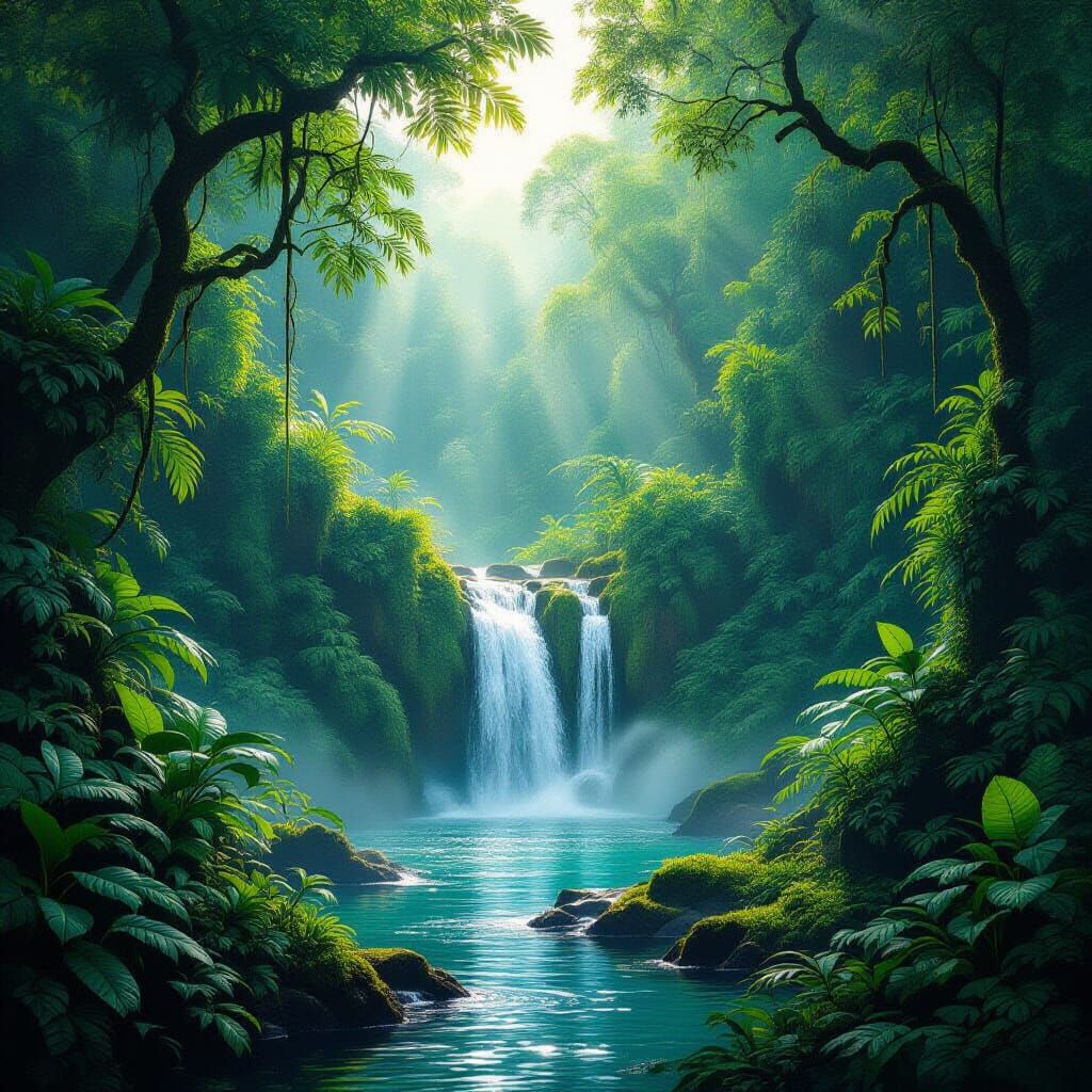 Lush Jungle Oasis with Waterfall in Hyperrealistic Style