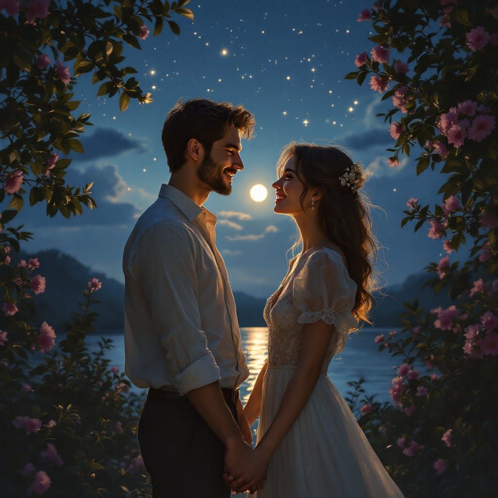 Romantic Couple Under Moonlight: A Cinematic Scene