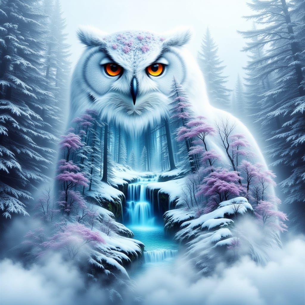 Snowy Owl Double Exposure with Icy Waterfall and Purple Snow...