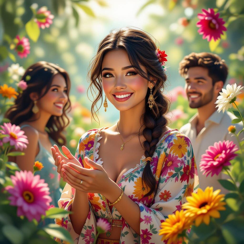 Serene Woman in a Lush, Peaceful Flower World