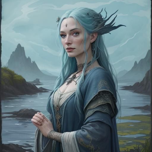 Beautiful Sea Hag Sorceress in Gouache and Watercolor