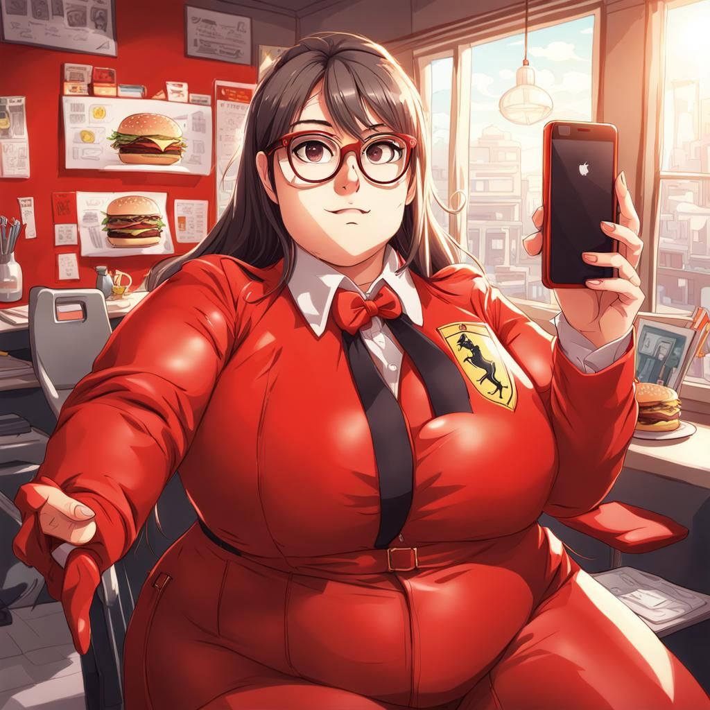 Anime Girl in Ferrari Suit with Hamburger Selfie