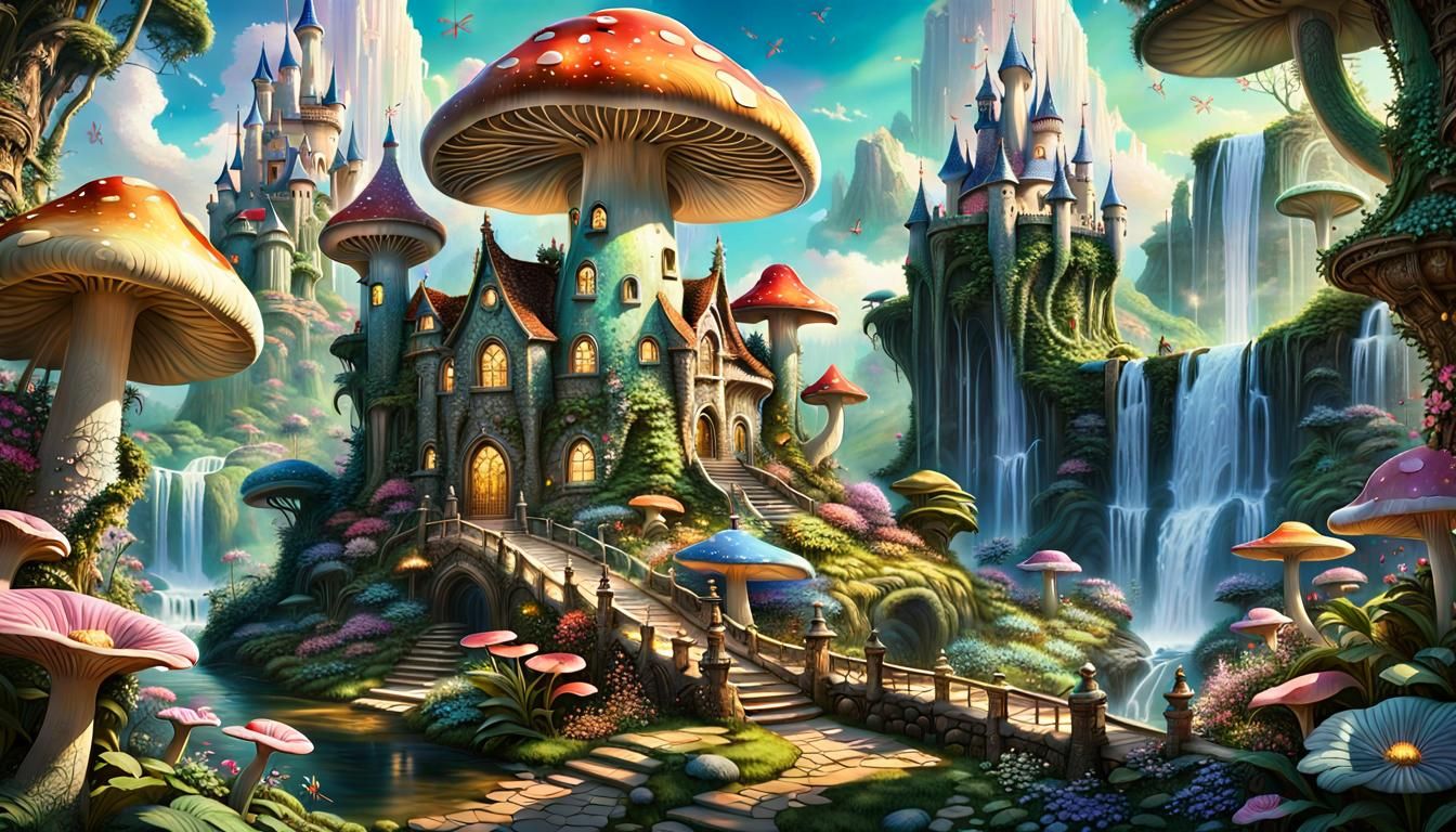 Whimsical Mushroom Kingdom in Golden Hour Splendor