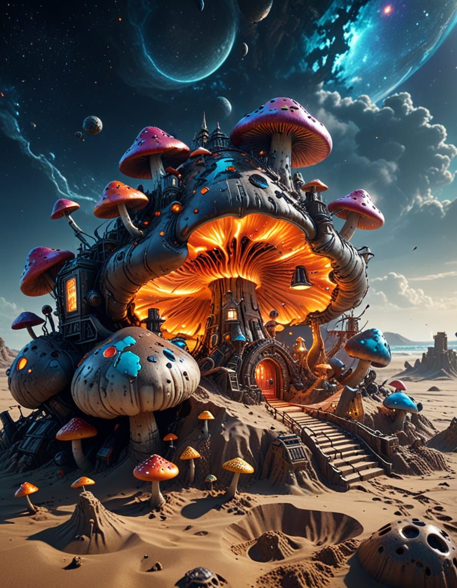 Surreal Hyperrealistic Ink Painting of a Giant Mushroom