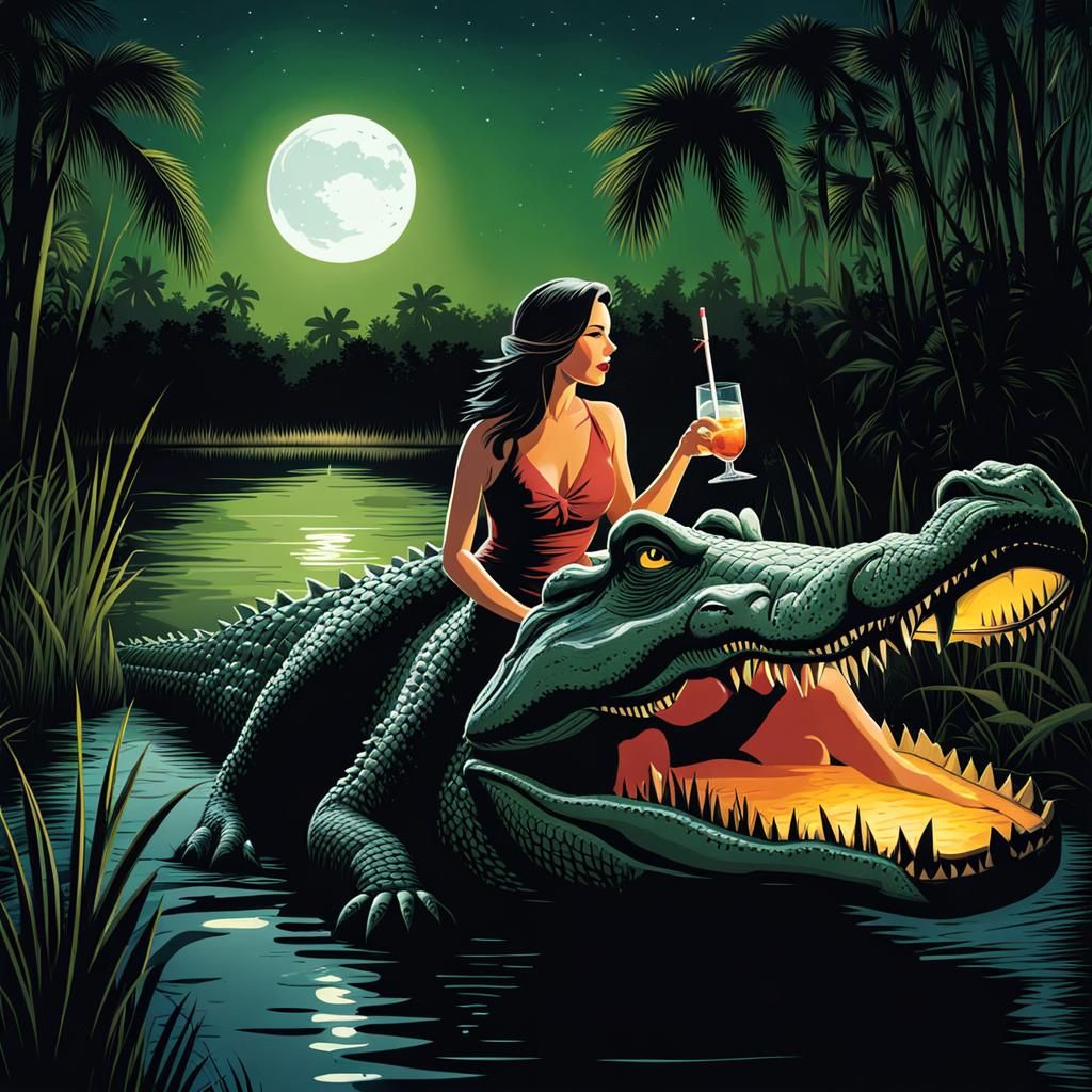 Woman Rides Alligator with Cocktail in Swamp
