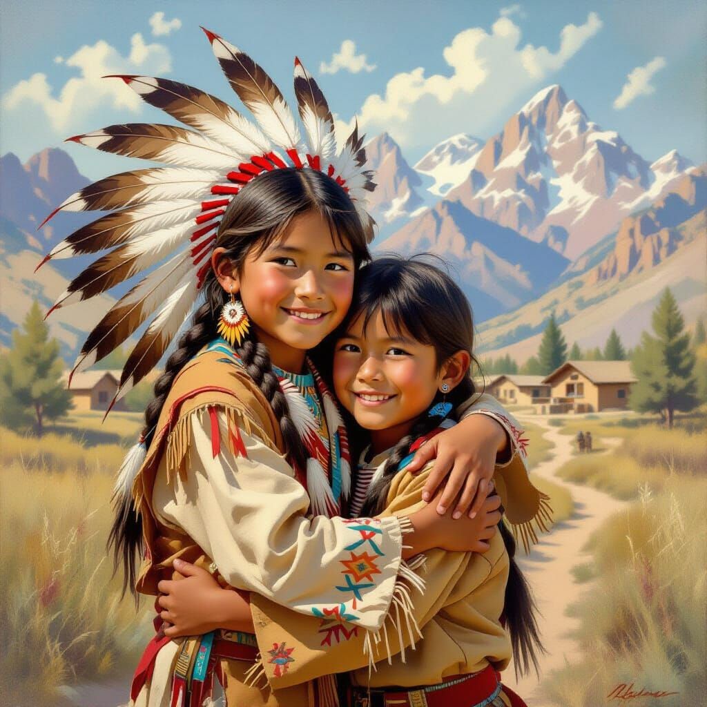 Native American Boy's Embrace in Mountain Village