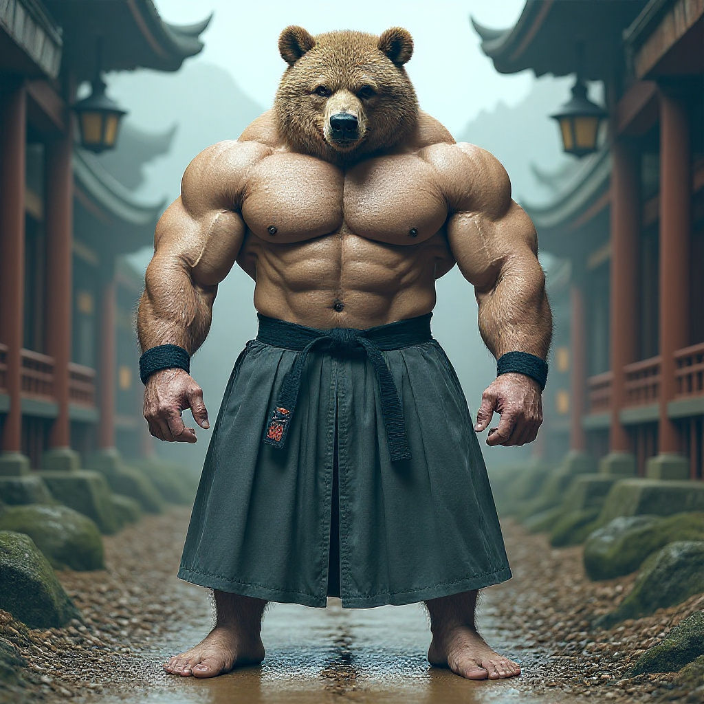 Muscular Aikido Bear Bodybuilder in Digital Painting