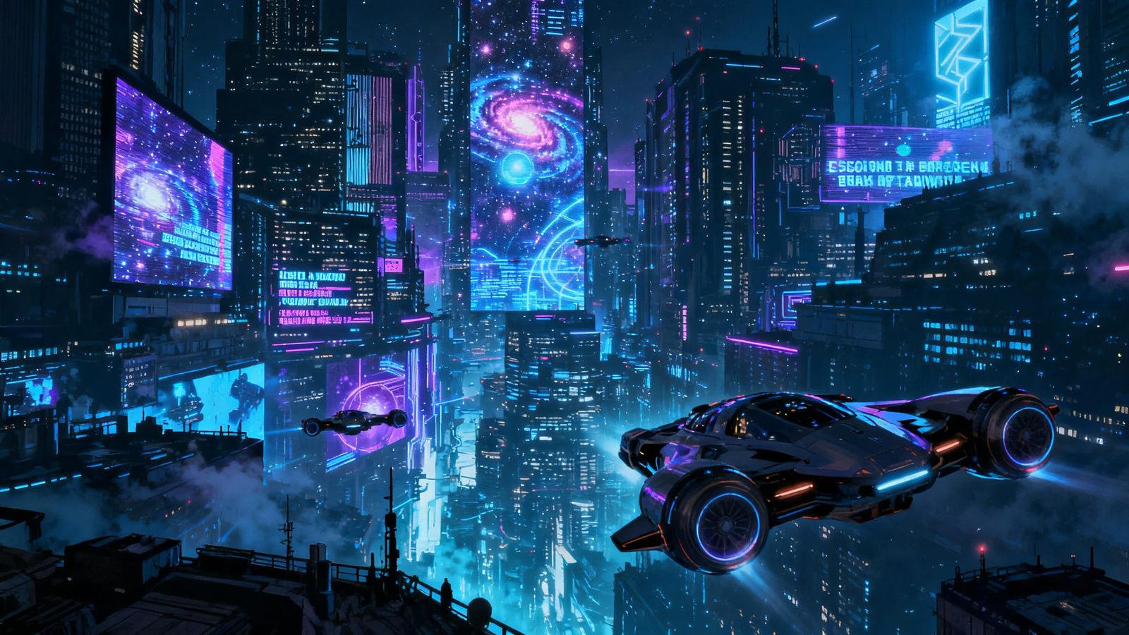 Futuristic Metropolis at Night with Flying Cars