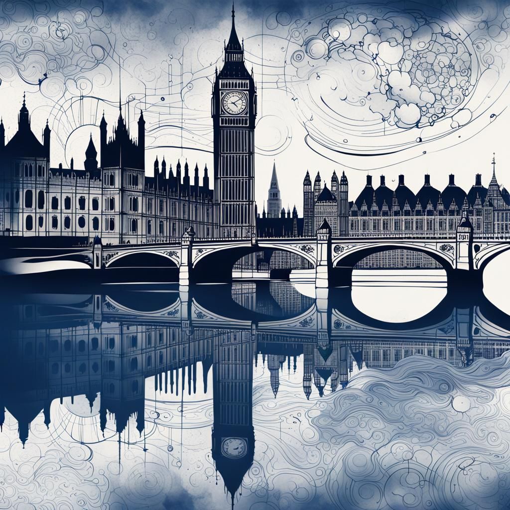 Fantastical London Skyline Ink Illustration with Copper Acce...