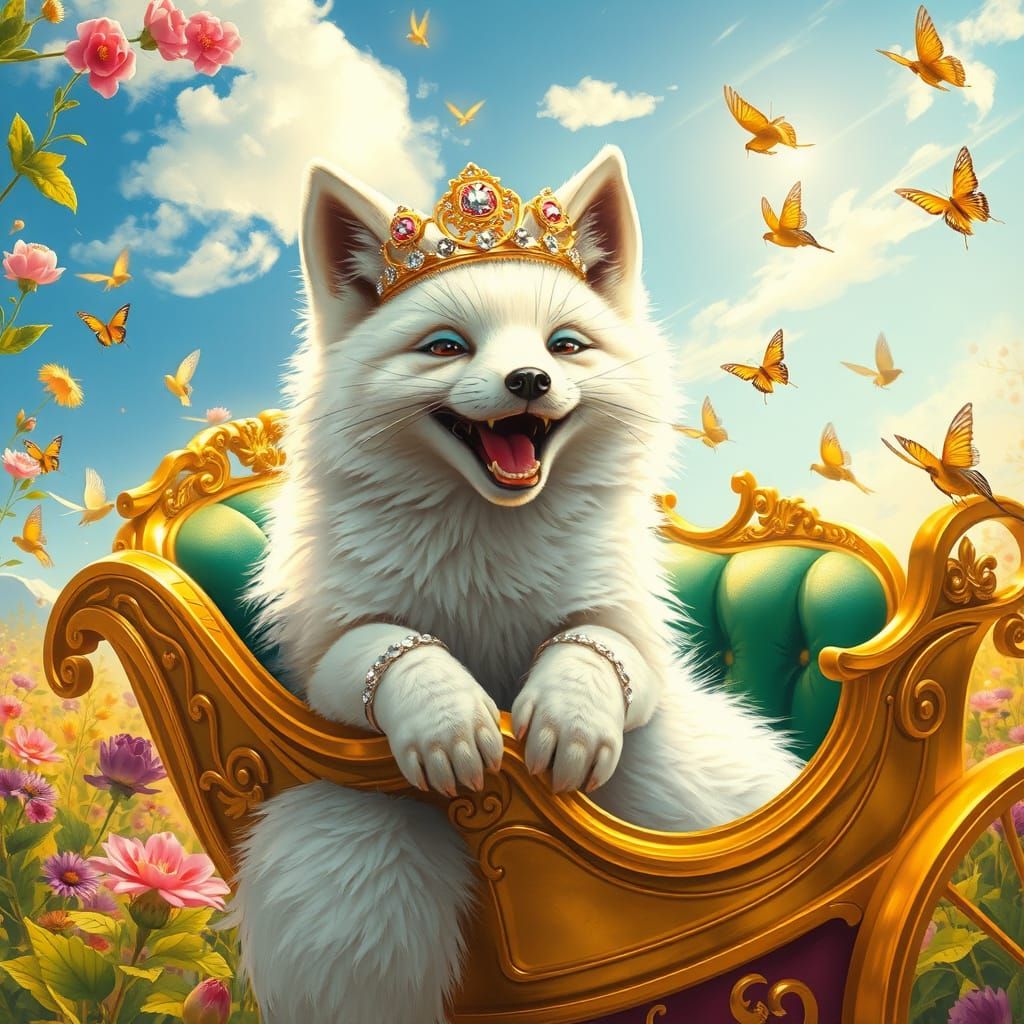 Regal Arctic Fox in Golden Carriage, Art Nouveau Meets Futur...