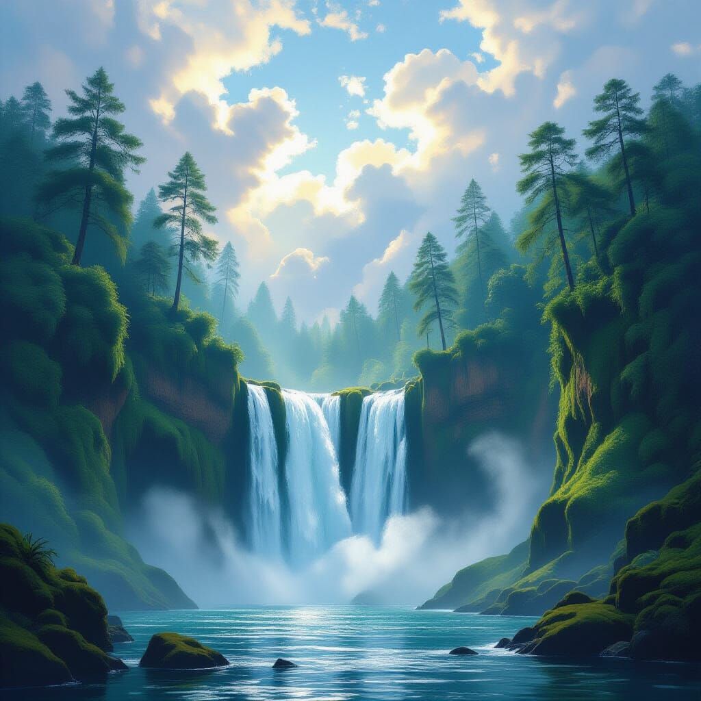 Majestic Waterfall in Serene Forest, Impressionist Style