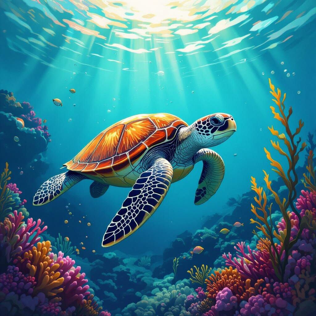 Sea Turtle in Coral Reef: Painterly Style