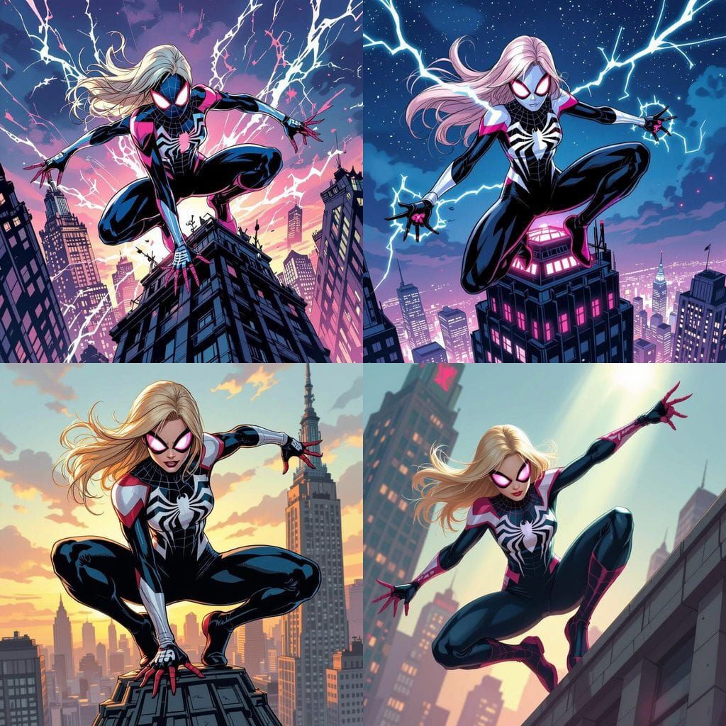 Ghost Spider Landing Atop Oscorp Tower in Comic Style