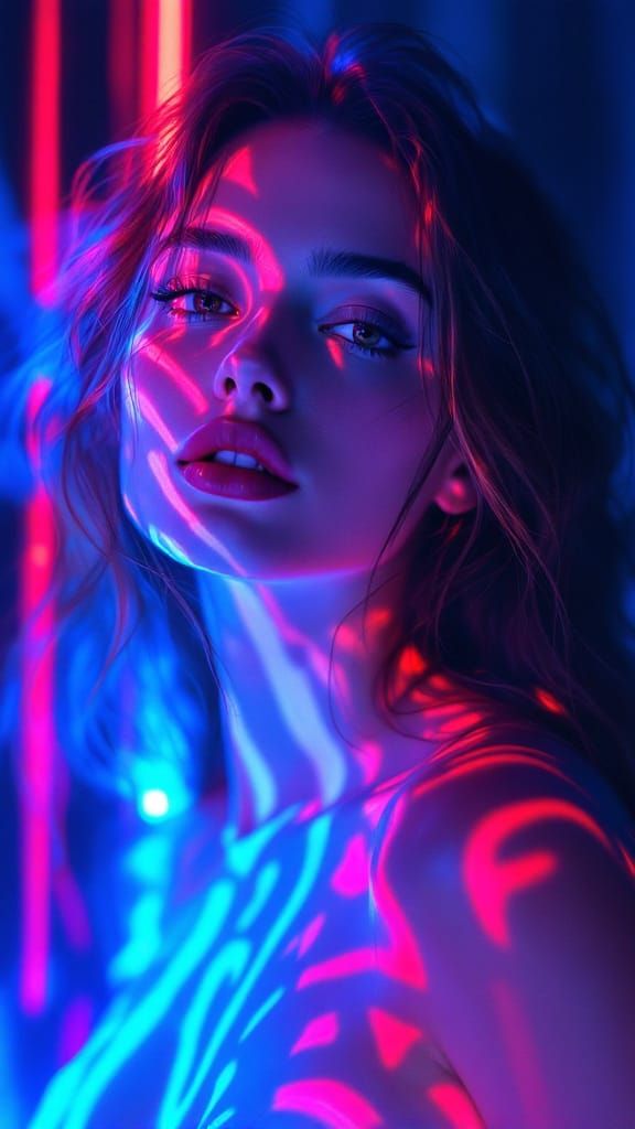 Surreal Neon Portrait: Woman in Blue and Red Light