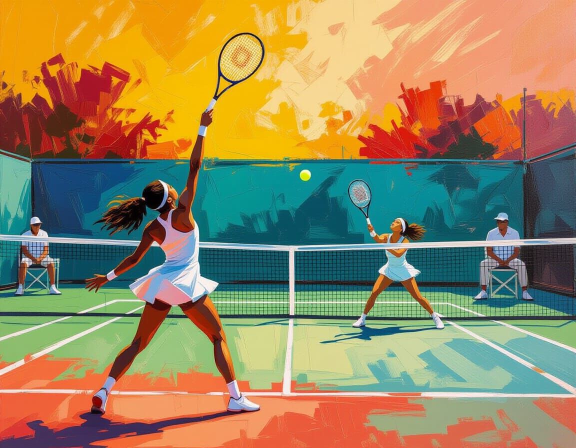 High Energy Tennis Match in Leroy Neiman Style