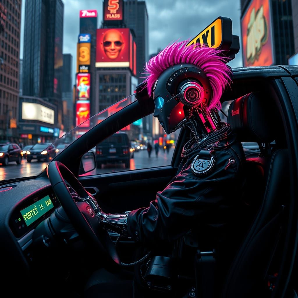 Cyborg Taxi Driver in Neon-Lit Cityscape