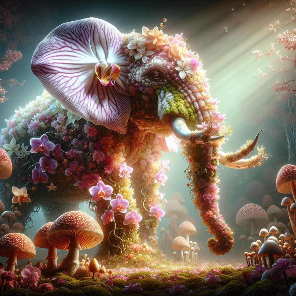 Psychedelic Orchid Elephant in a Fantasy Landscape