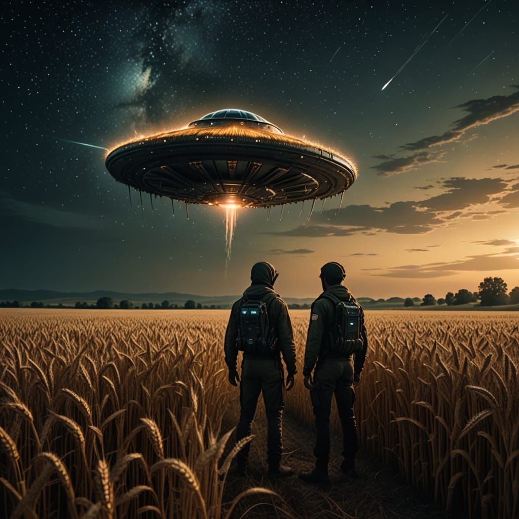 Aliens in Cinematic Film Still, Wheat Field Under Starry Nig...
