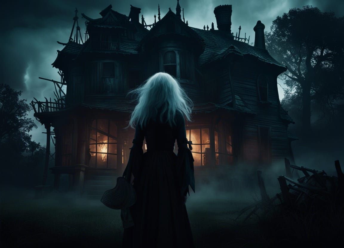 Ghostly Woman at Decaying Mansion in Whimsical Gothic Style