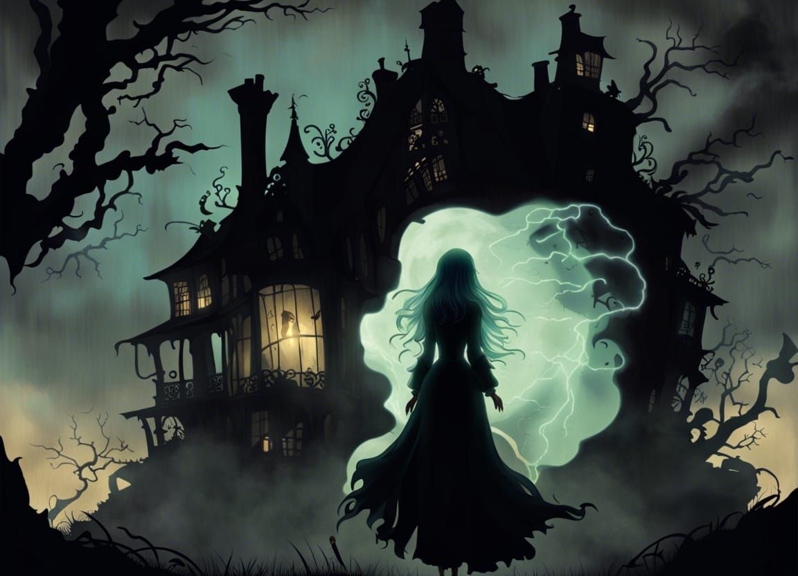 Ghostly Woman at Decaying Whimsical Gothic Mansion