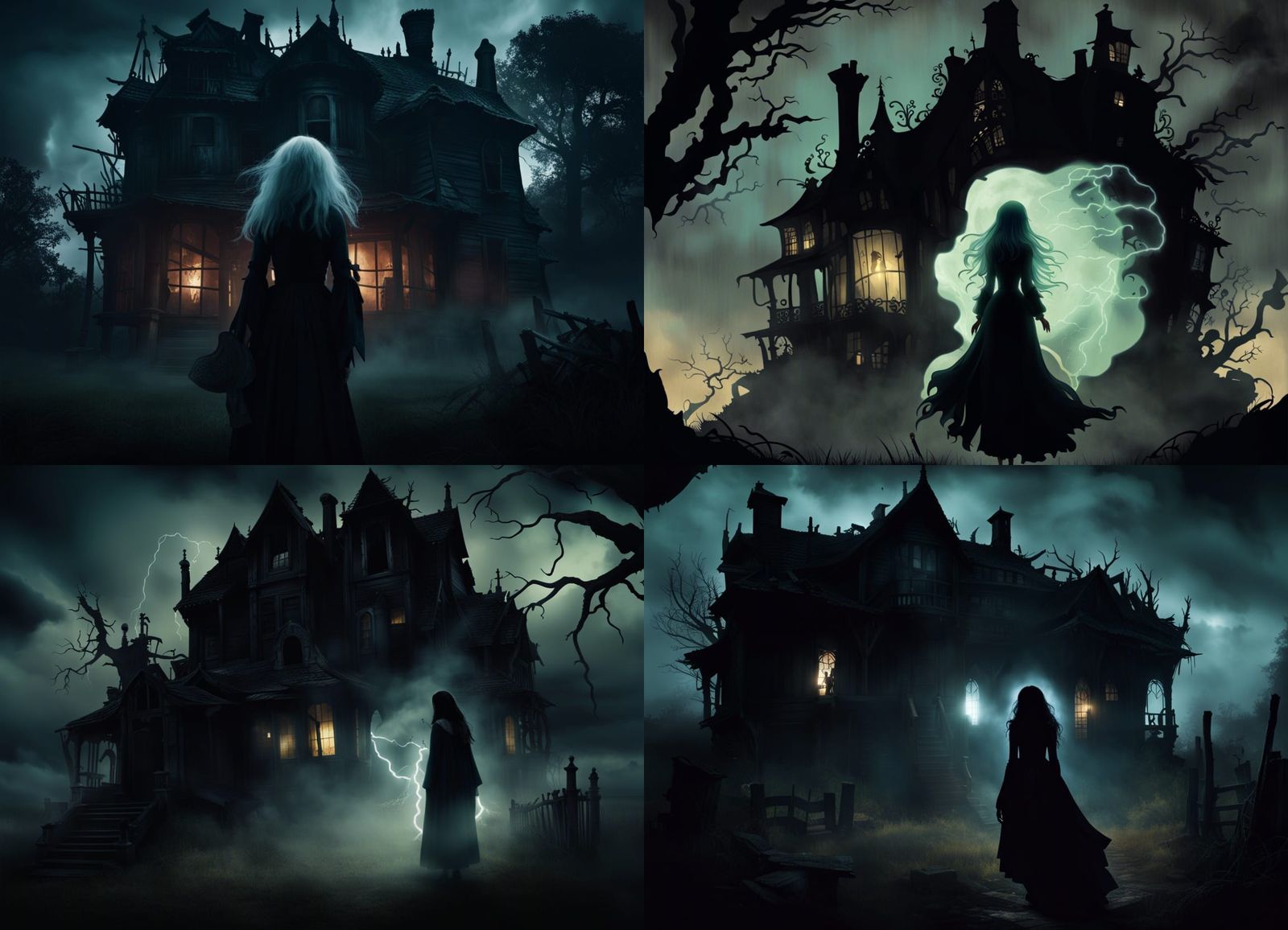 Ethereal Ghost Woman at Decaying Gothic Mansion