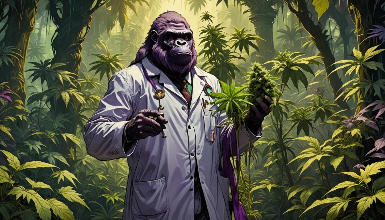 Green Gorilla King in Jungle Lab, Dark Fantasy Art