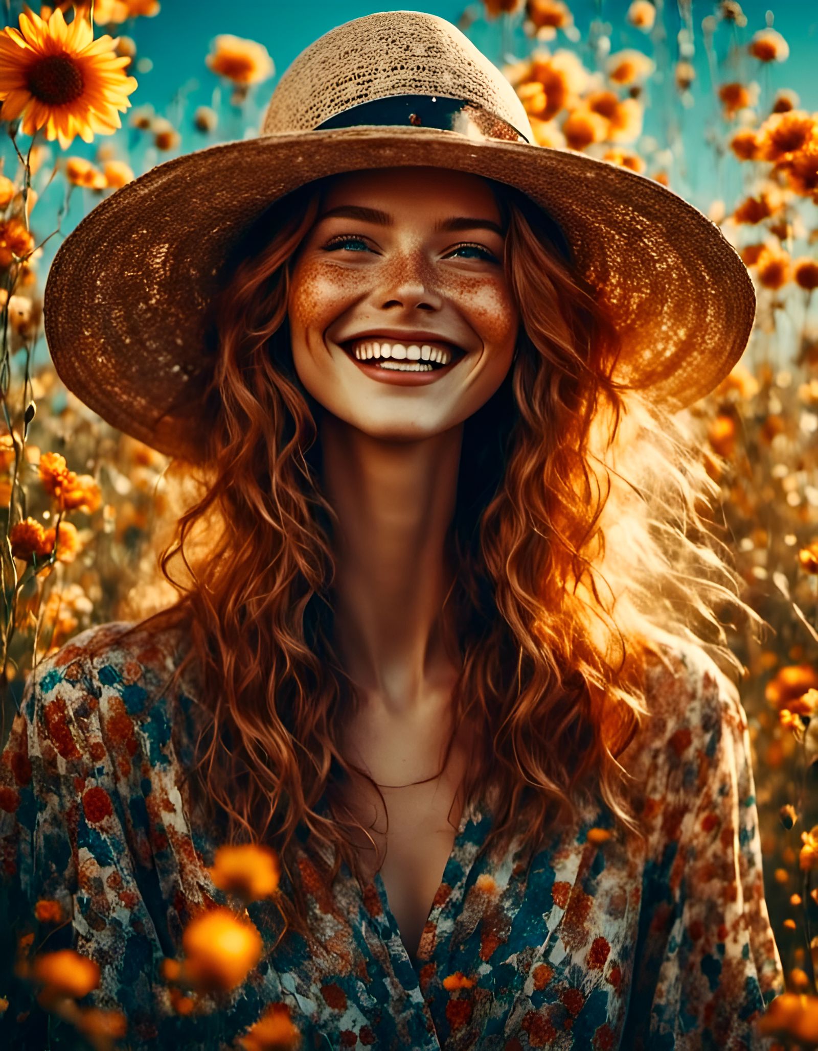 Dynamic Portrait of Laughing Woman in Sunlight