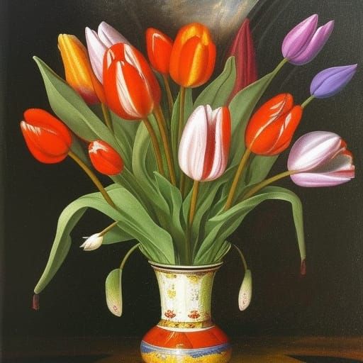 Colorful Tulips in Filigree Vase: Gothic Art Oil Painting