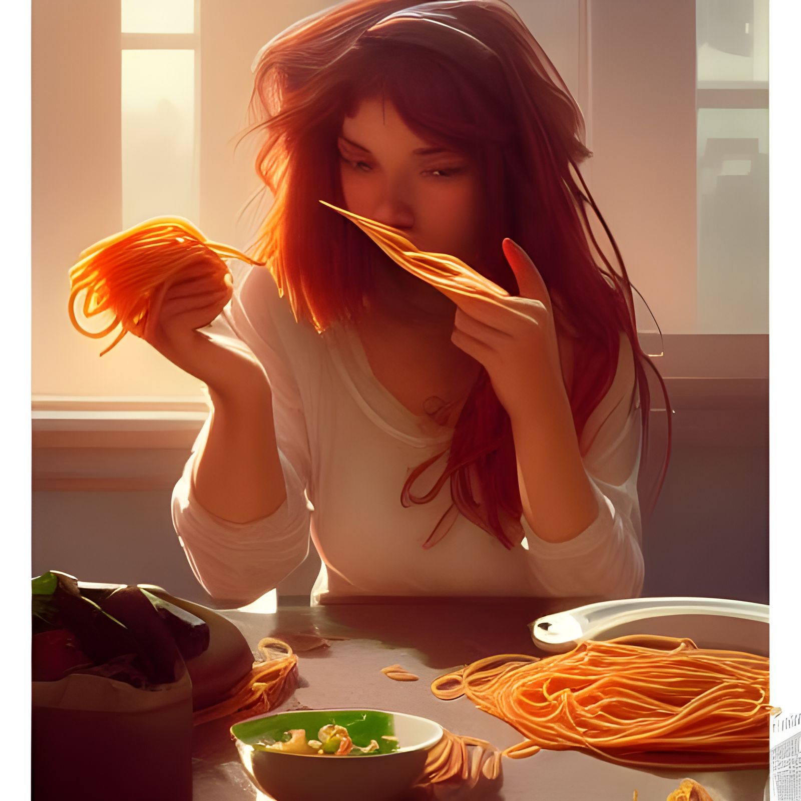 Girl Eating Spaghetti: Hyperdetailed Portrait