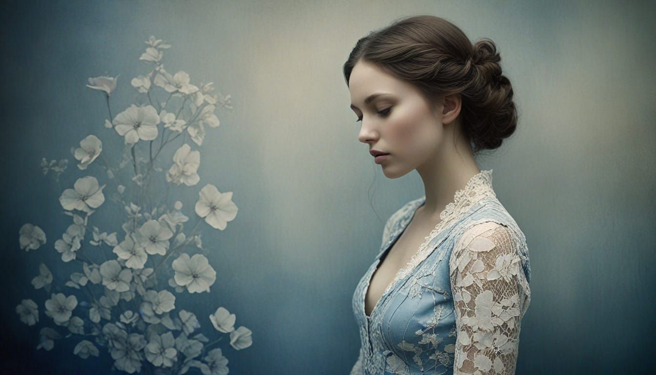 Contemplative Woman in Ethereal Shibori Landscape