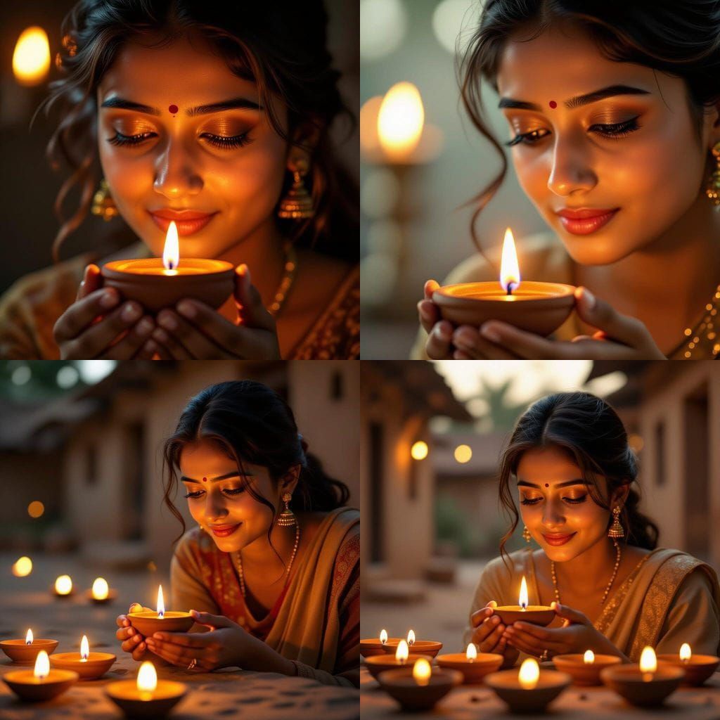 Indian Woman Lighting Diya in Warm Golden Light
