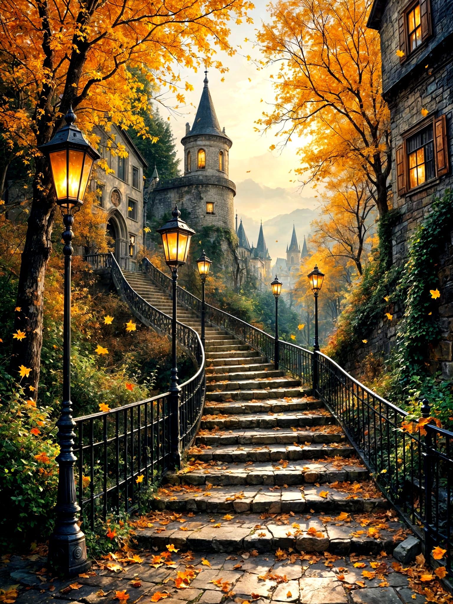 Autumn Waterfall Castle Steps Vintage Street Lamps