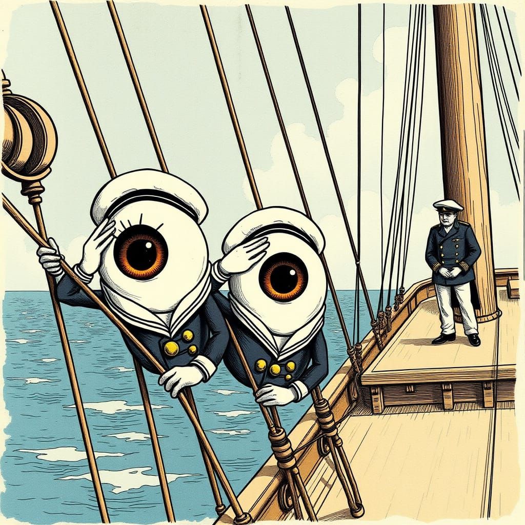 Eyeball Sailors on a Ship, Storybook Illustration