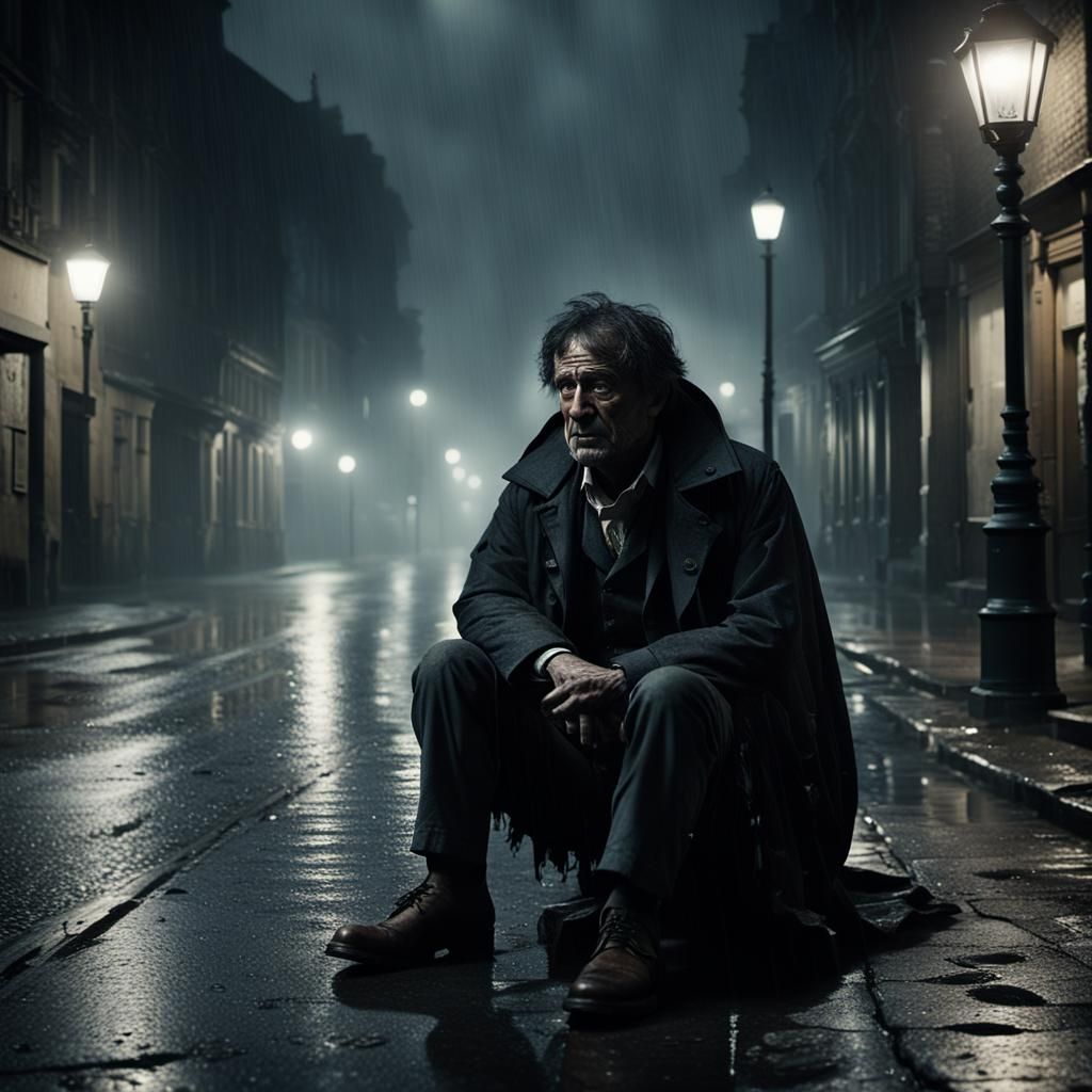 Eerie Film Still: Man Alone in Rainy Street