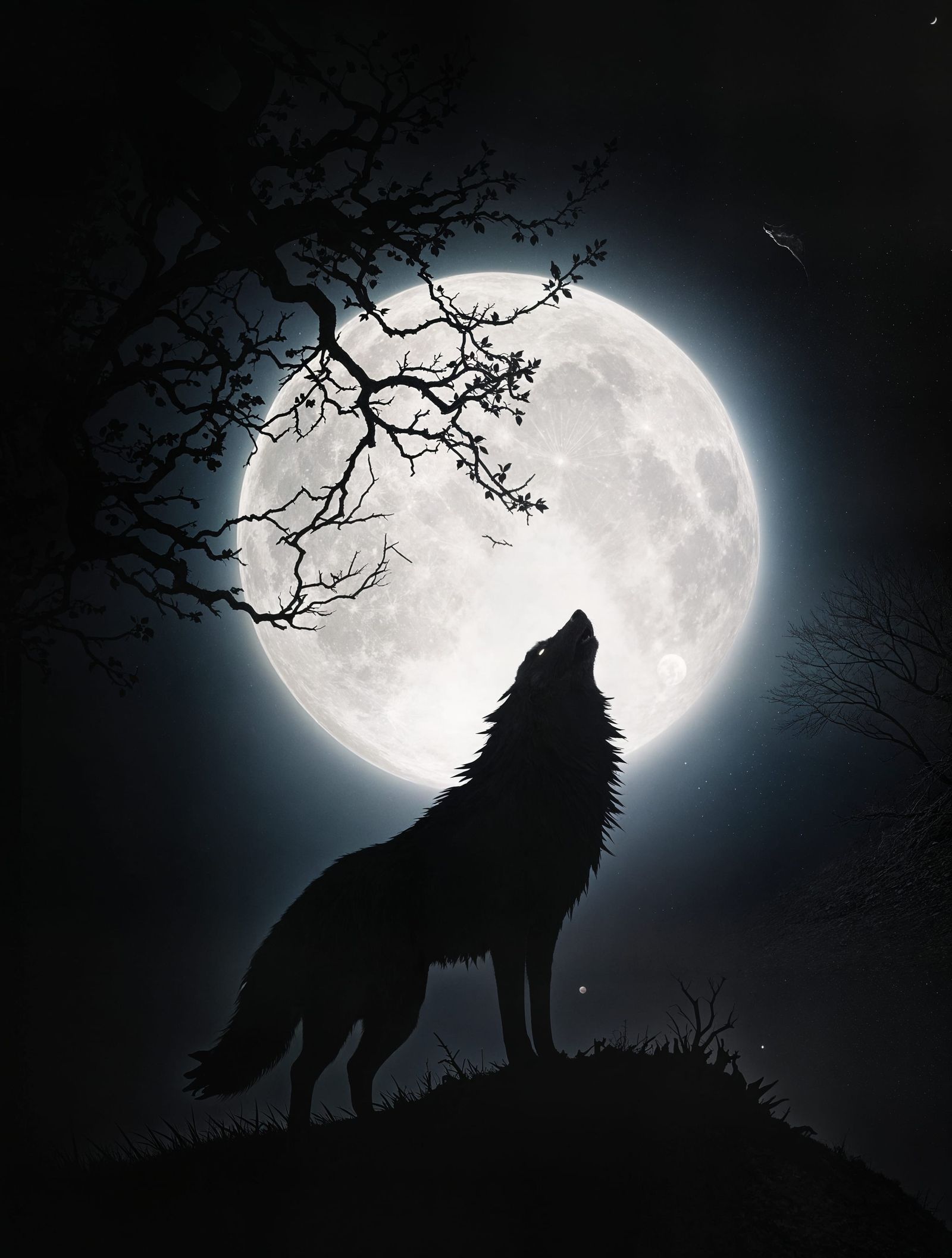 Wolf Under Full Moon in Haunting Painting