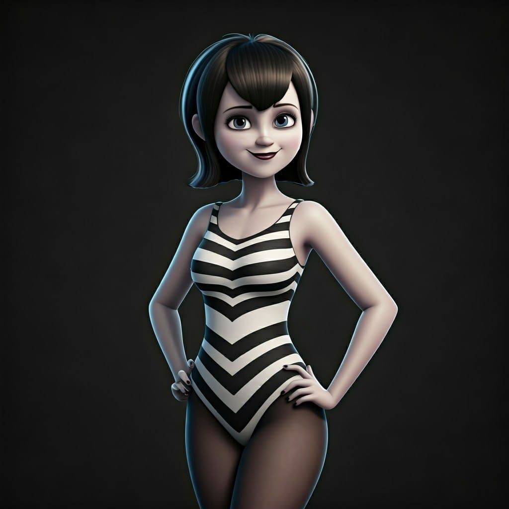 Mavis Dracula in Striped Swimsuit, Pixar-Style 3D Render