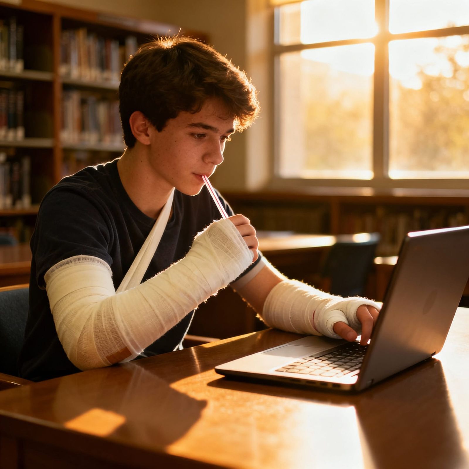 Student with Casted Arms Uses Laptop in Library