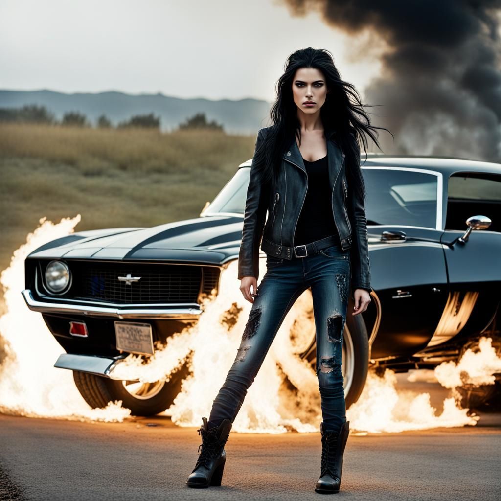 Girl with Burning Camaro: Hyperrealistic Detailed Image