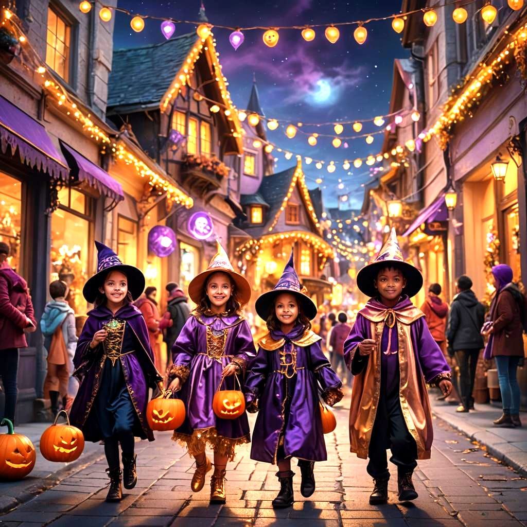 Vibrant Halloween Night Scene with Children in Costumes