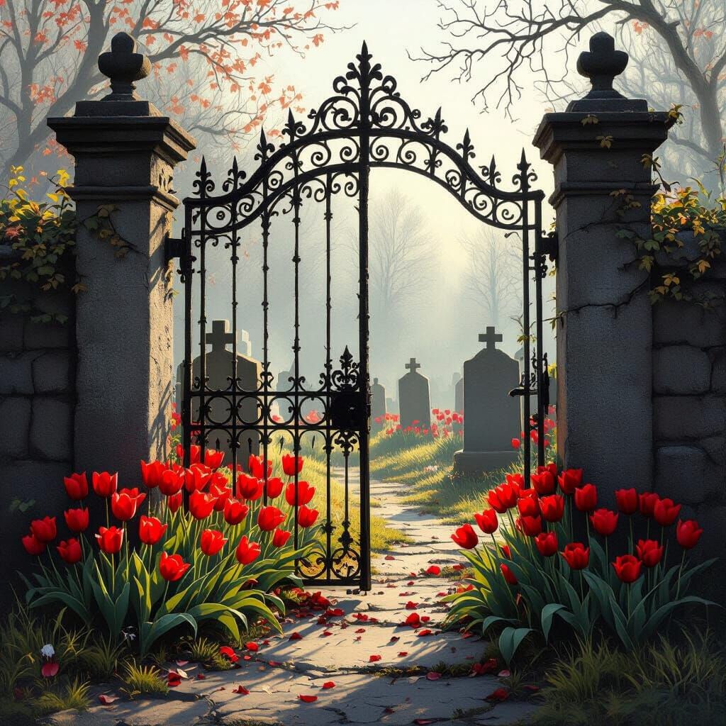 Melancholy Cemetery Gate with Blooming Tulips