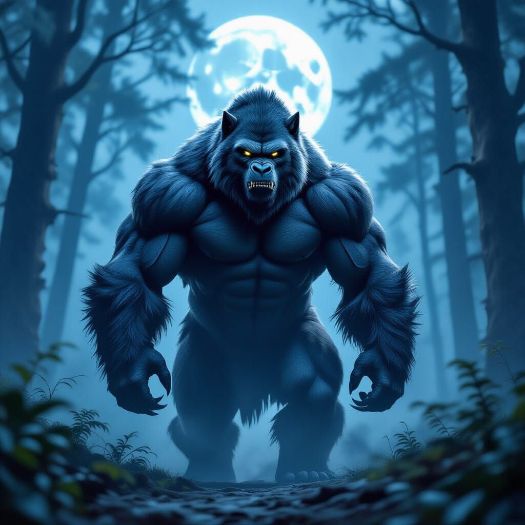 Wolf Gorilla Hybrid in Misty Moonlit Forest