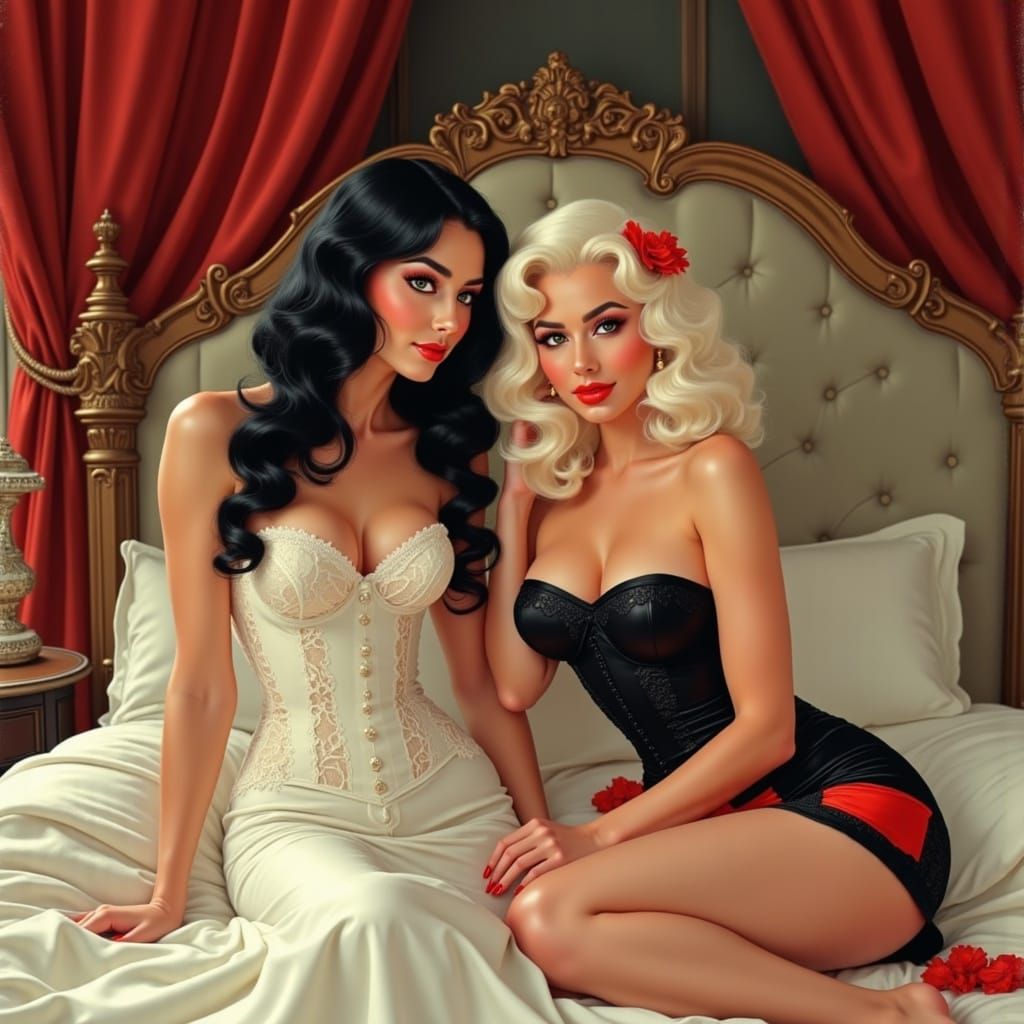 Women in Elegant Black and White Corsets Share a Romantic Mo...