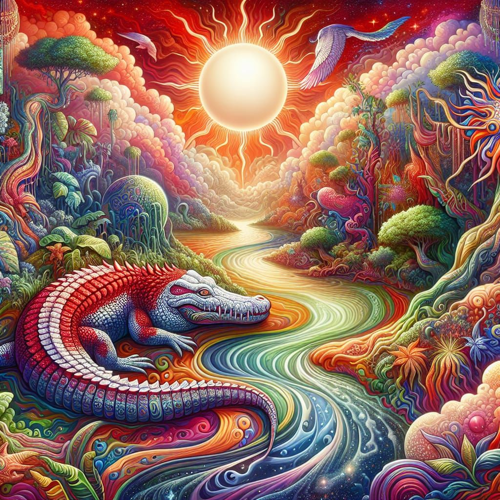 Fantastical River Landscape with Red Crocodile