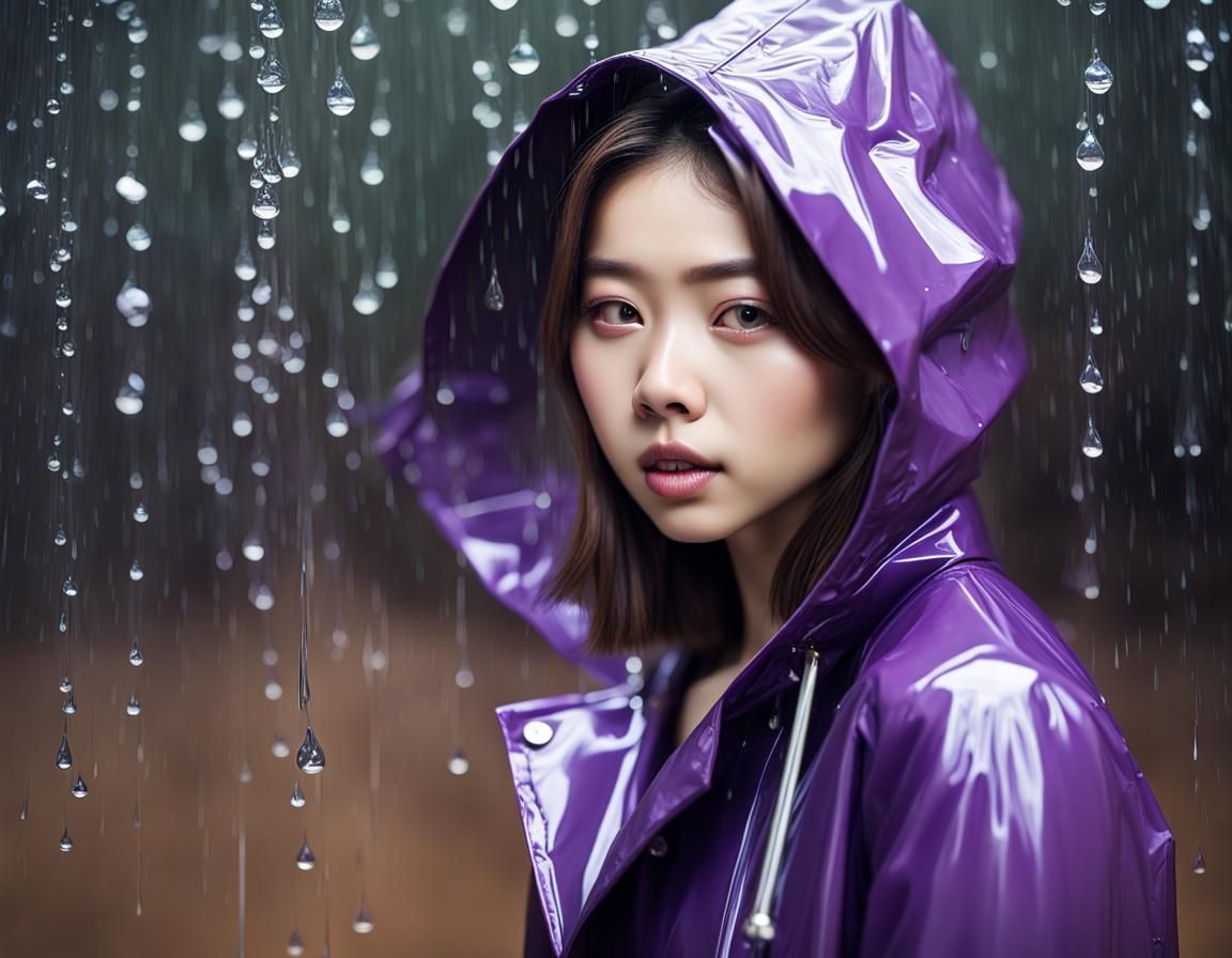 Beautiful Young Asian Girl in Purple Raincoat